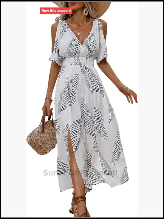 Dresses & Skirts - Women's Tropical Cold Shoulder Maxi Sundress Vacation Beach Dress Summer Outfit